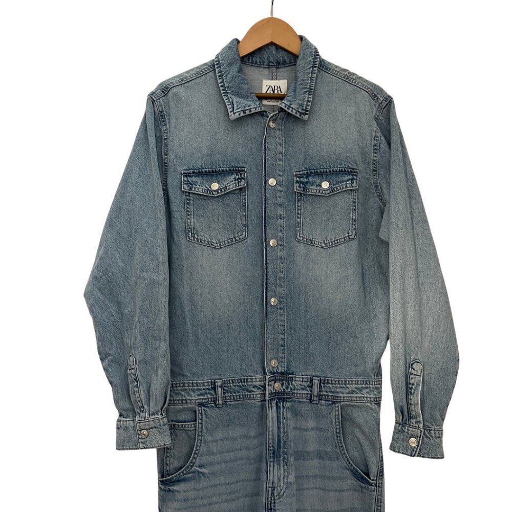 Zara Lightwash Denim Long Sleeve Button Front Jumpsuit NWT Size L - Picture 8 of 8